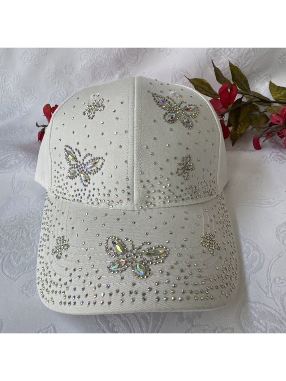 NEW  WOMEN'S WHITE BUTTERFLY BLING HAT BLACK FABRIC SHINY STUDS JENNIFER & CO